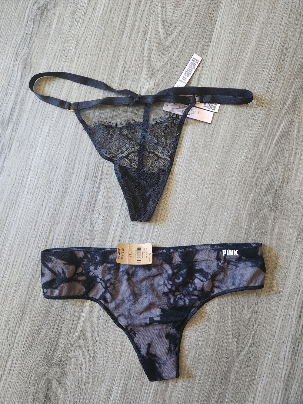Small PINK Black Tie-dye Thong & Victoria's Secret Black Lace G-string